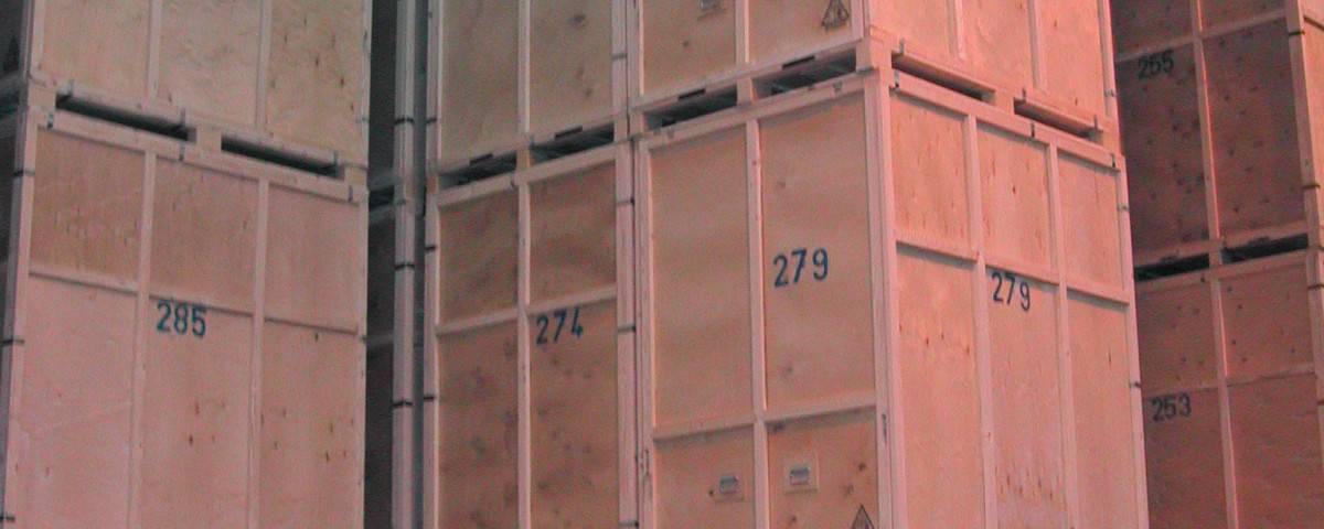 modular storage units stacked in warehouse