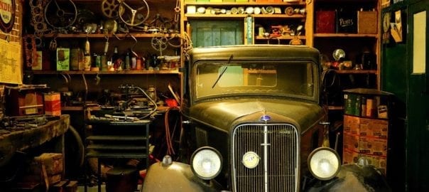 cluttered retro garage